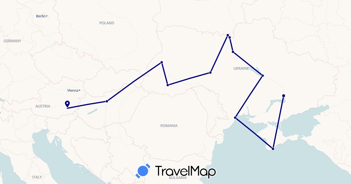 TravelMap itinerary: driving in Austria, Hungary, Ukraine (Europe)