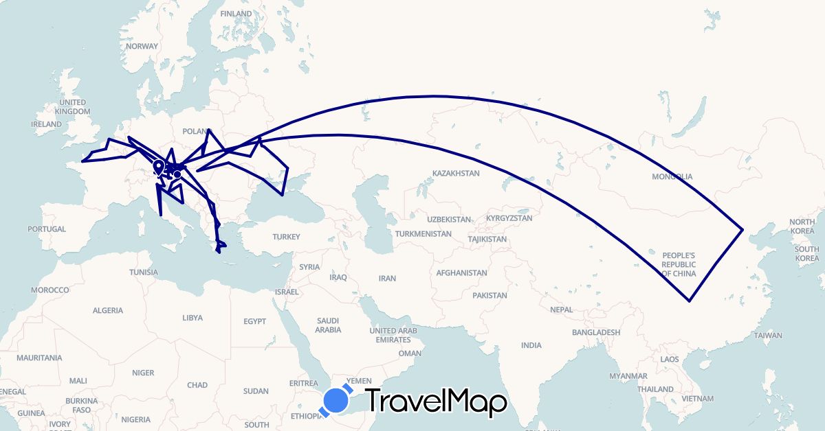 TravelMap itinerary: driving in Austria, Belgium, China, Czech Republic, Germany, France, Greece, Croatia, Hungary, Italy, Macedonia, Poland, Serbia, Slovenia, Ukraine (Asia, Europe)